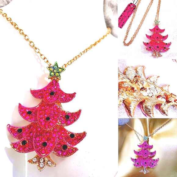 Gold-plated pink and green crystal Christmas tree necklace/broach - Picture 3 of 11
